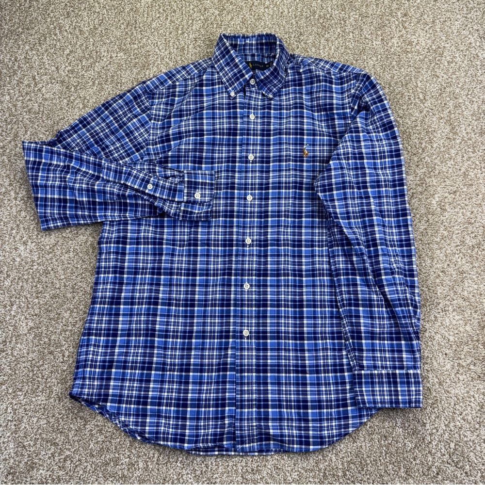 Ralph Lauren Button Down Shirt Men’s Size M Blue White Plaid Flesh Pony - Picture 4 of 16